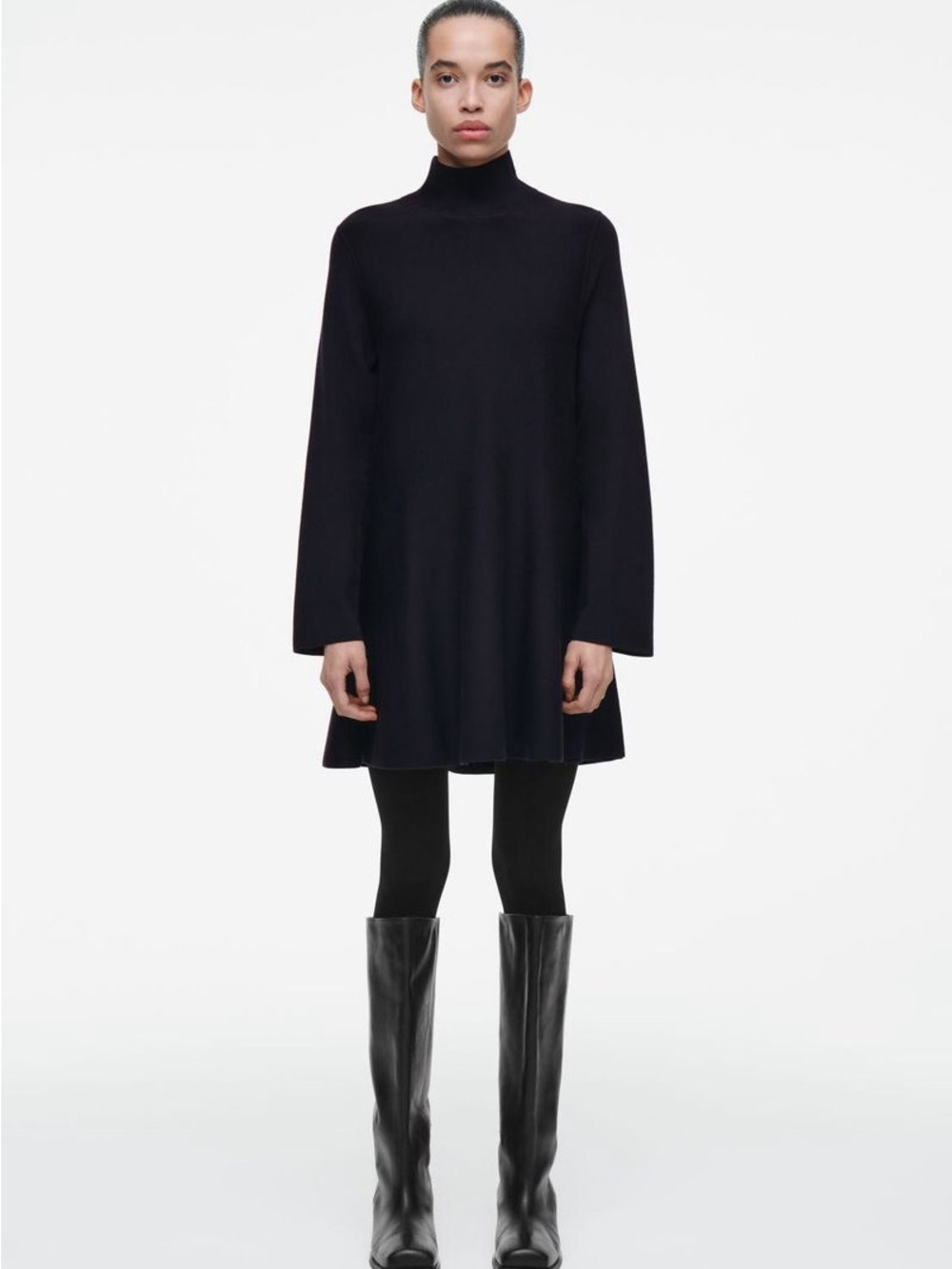 COS Navy Blue Turtleneck Long-Sleeve A-Line Dress Small